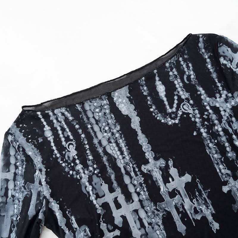 Off shoulder long sleeve mesh cross print top
