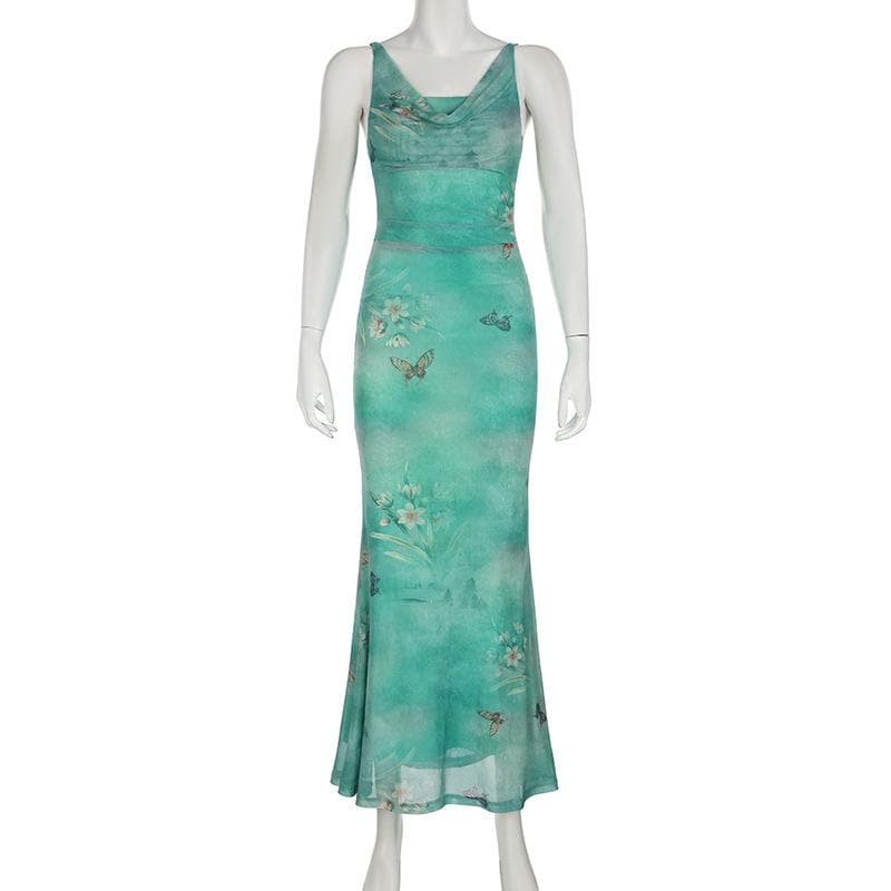 Cowl neck mesh butterfly print ruched cami maxi dress