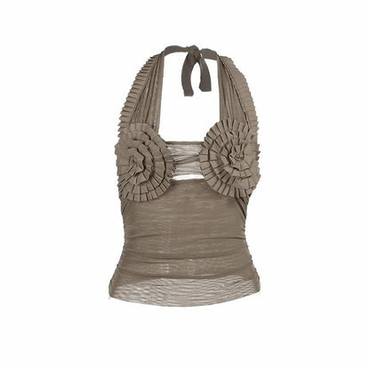 Halter pleated hollow out ruched mesh backless cut out top