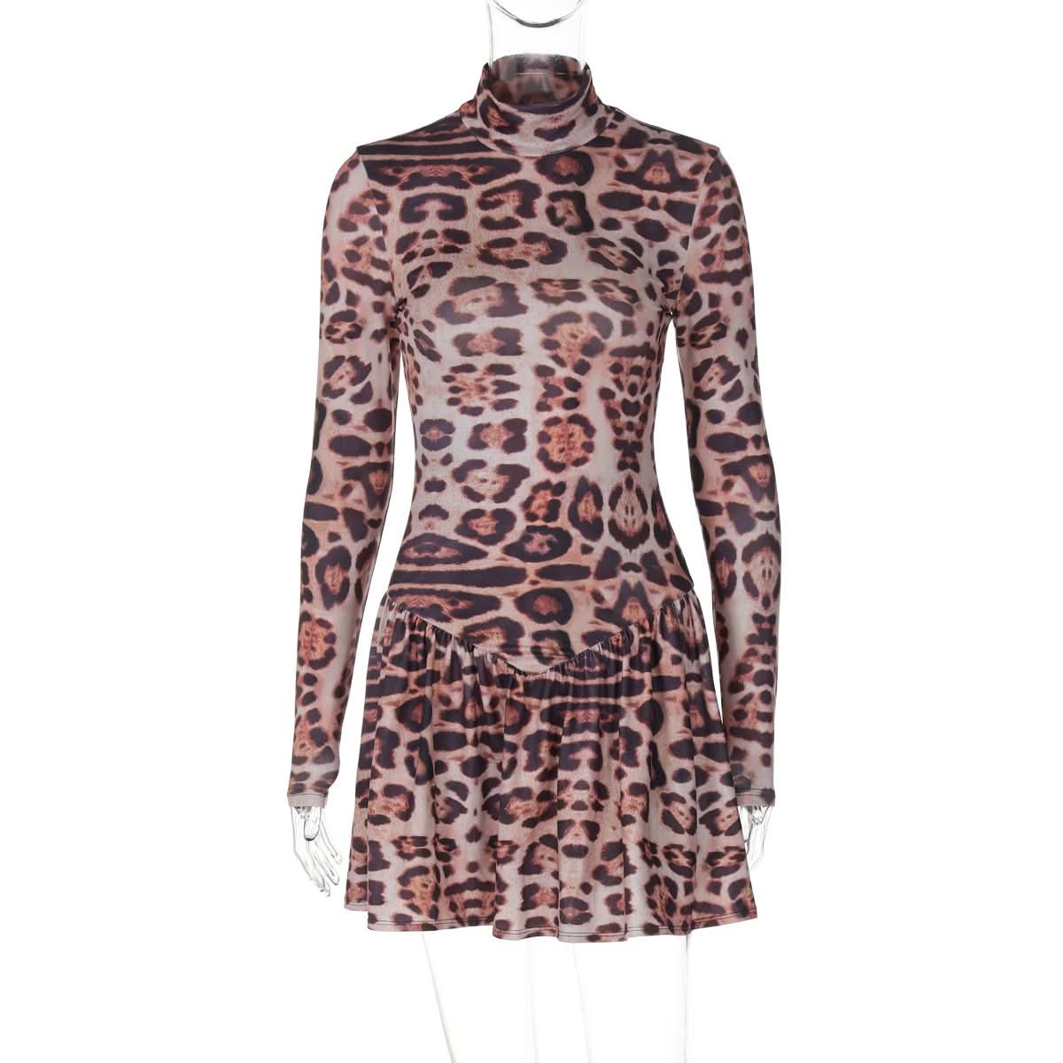 Leopard print long sleeve high neck mini dress