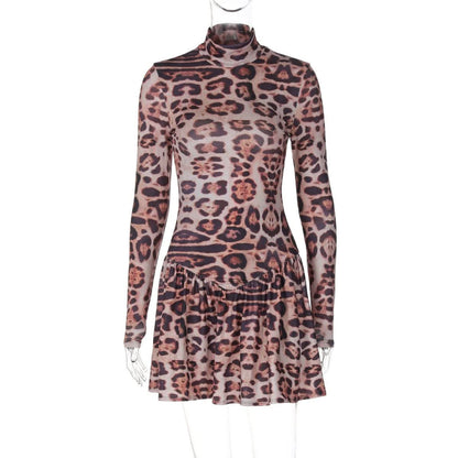 Leopard print long sleeve high neck mini dress