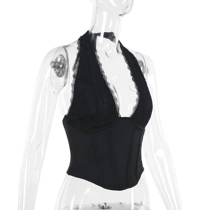 Halter self tie lace hem deep V neck corset top