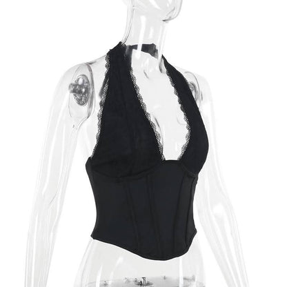 Halter self tie lace hem deep V neck corset top