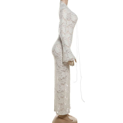 Long sleeve lace cross front slit maxi dress