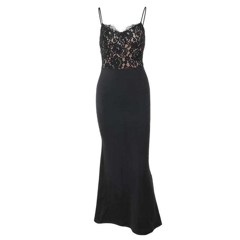 Lace patchwork v neck backless cami maxi dress