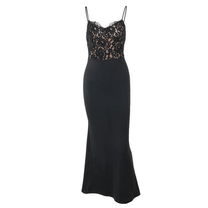 Lace patchwork v neck backless cami maxi dress