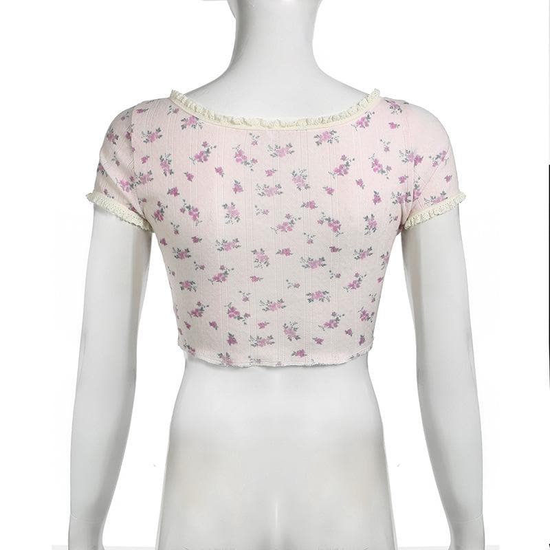 Short sleeve lace hem flower applique print textured crop top