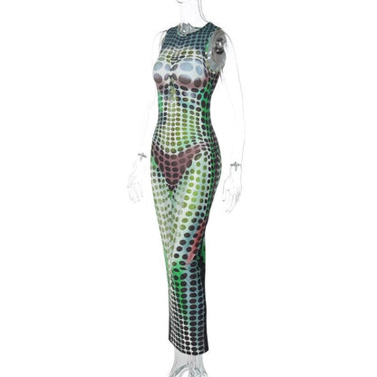 Crewneck Trompe Loeil Body Print Contrast Sleeveless Maxi Dress