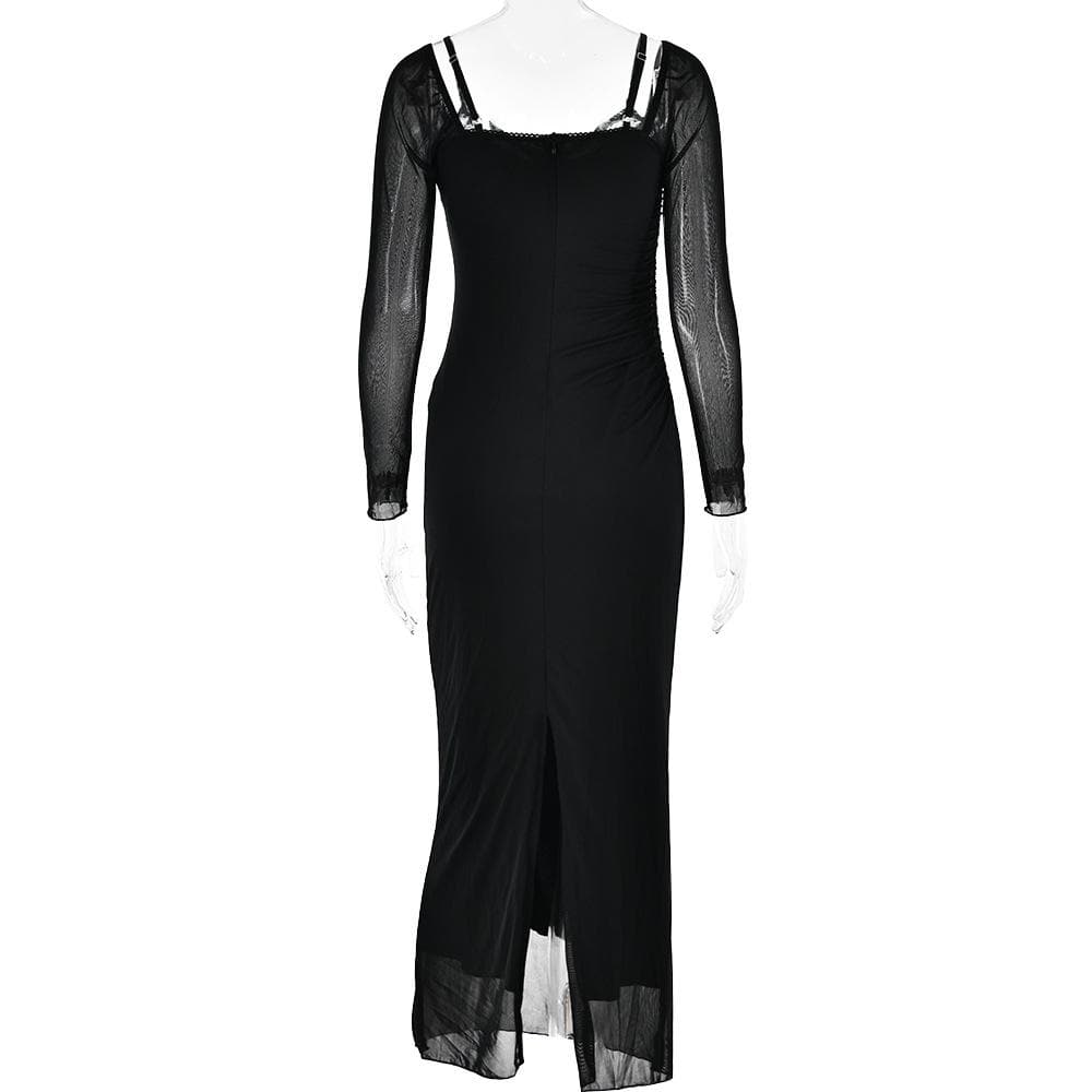 Off Shoulder Mesh Long Sleeve Lace Trim Ruched Maxi Dress