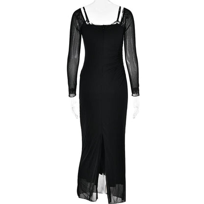 Off Shoulder Mesh Long Sleeve Lace Trim Ruched Maxi Dress