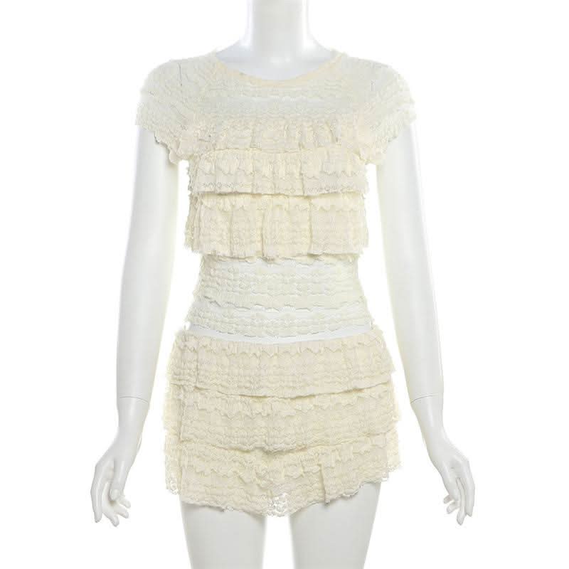 Crewneck ruffle lace ruched cap sleeve pant set