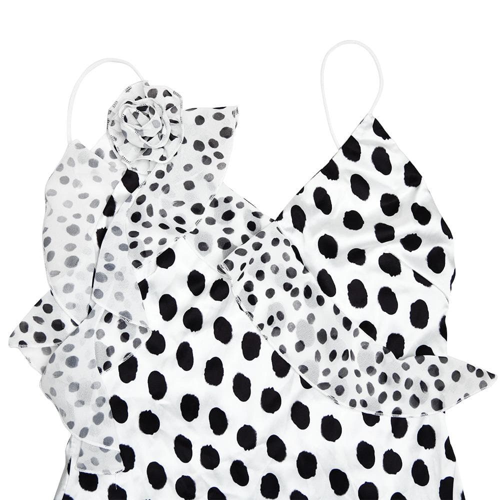 Polka dot flower applique ruffle cami maxi dress