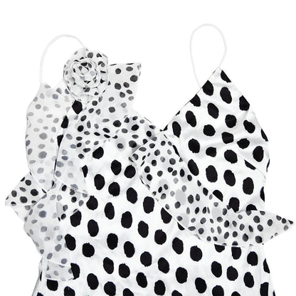 Polka dot flower applique ruffle cami maxi dress