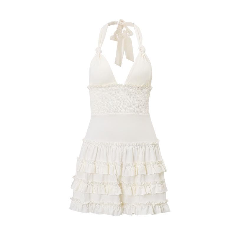 Halter smocked knotted ruched ruffle mini dress