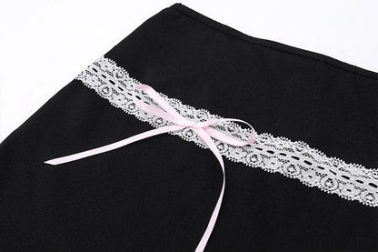 Bowknot lace hem ribbon A line contrast mini skirt