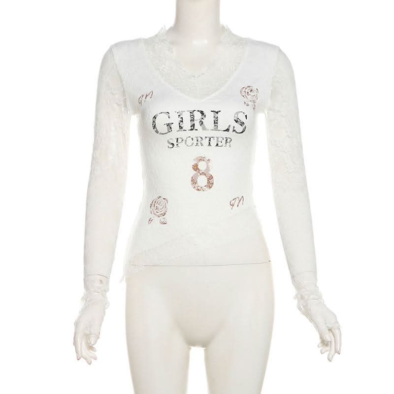 Long sleeve v neck lace print top