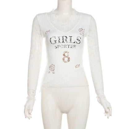 Long sleeve v neck lace print top