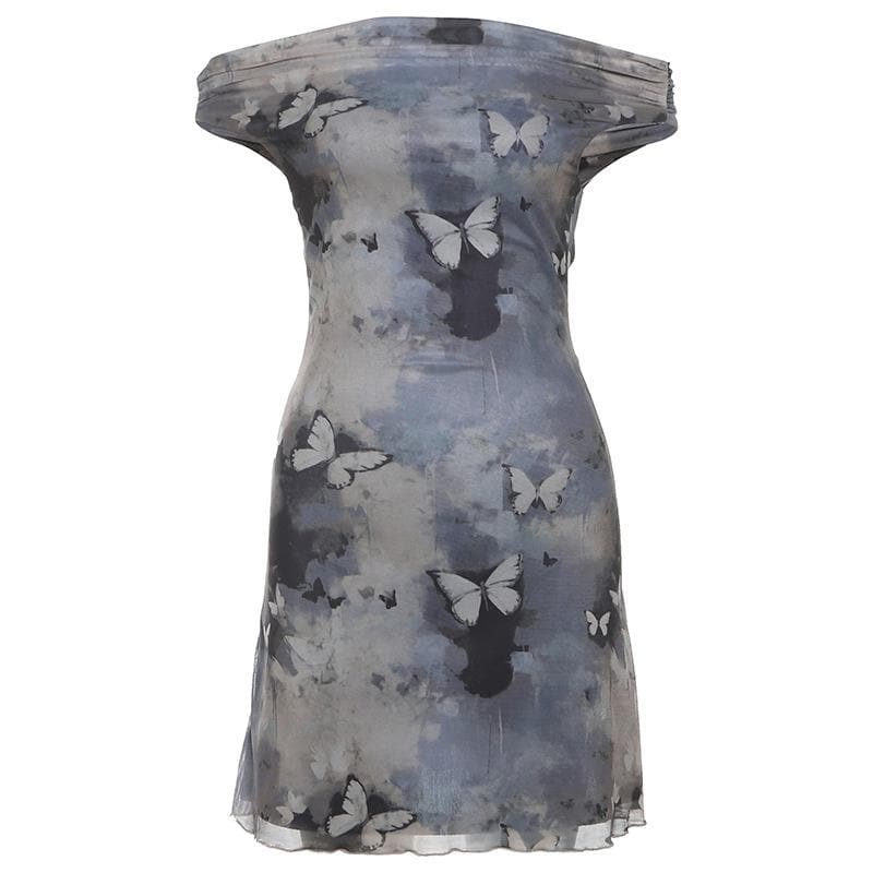 Off shoulder butterfly print ruched mini dress