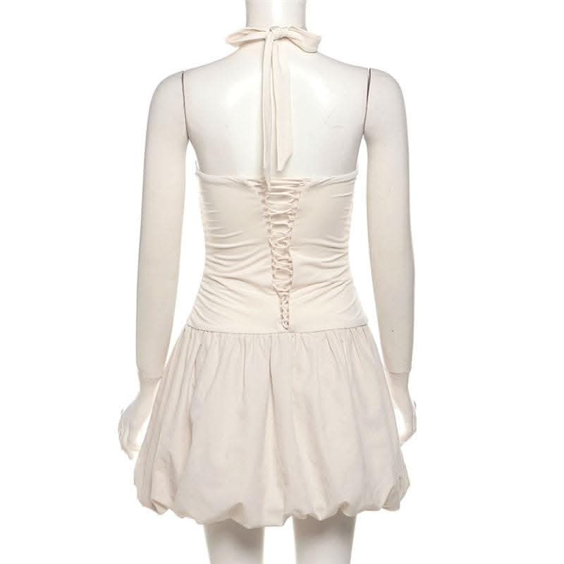 Halter cross front lace up mini dress-final-sale