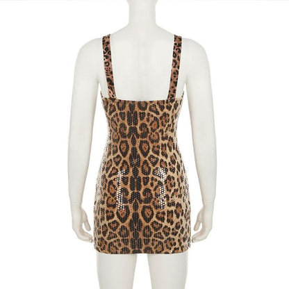 Glitter v neck leopard print backless tank mini dress