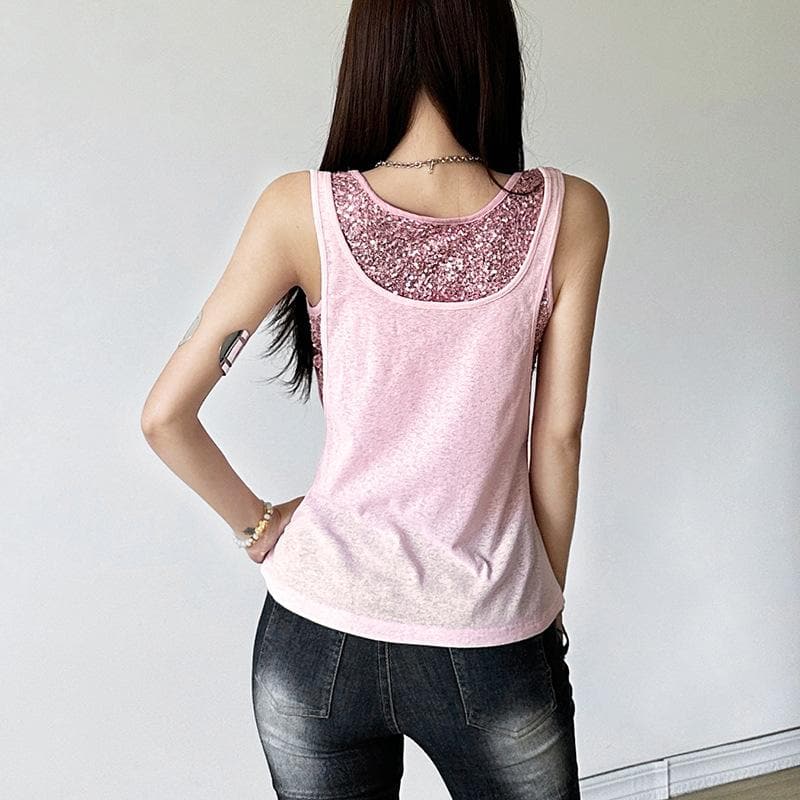 U neck glitter letter print 2 piece top