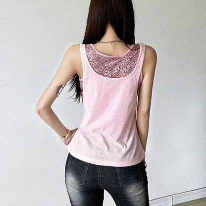U neck glitter letter print 2 piece top