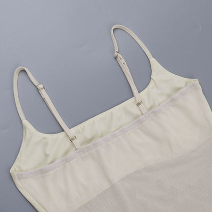 U neck beaded flower pattern mesh cami mini skirt set