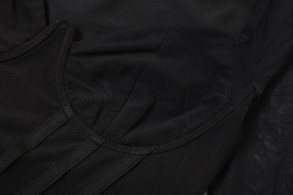 Corset Mesh Long Sleeve V Neck Ruched Asymmetric Hem Mini Dress