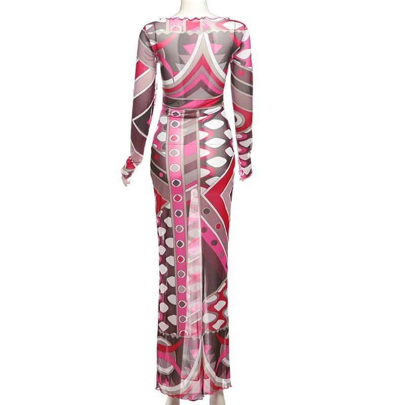 Long sleeve ruffle abstract mesh maxi dress-final-sale