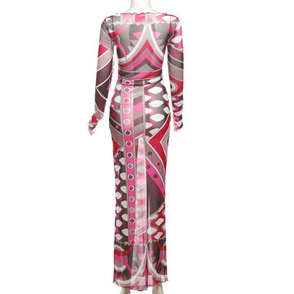 Long sleeve ruffle abstract mesh maxi dress-final-sale