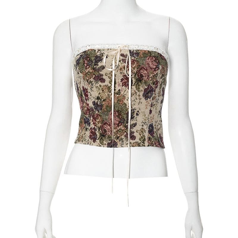 Lace hem bowknot ribbon textured lace up tube top