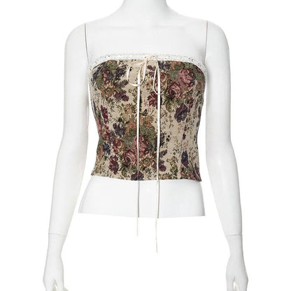 Lace hem bowknot ribbon textured lace up tube top