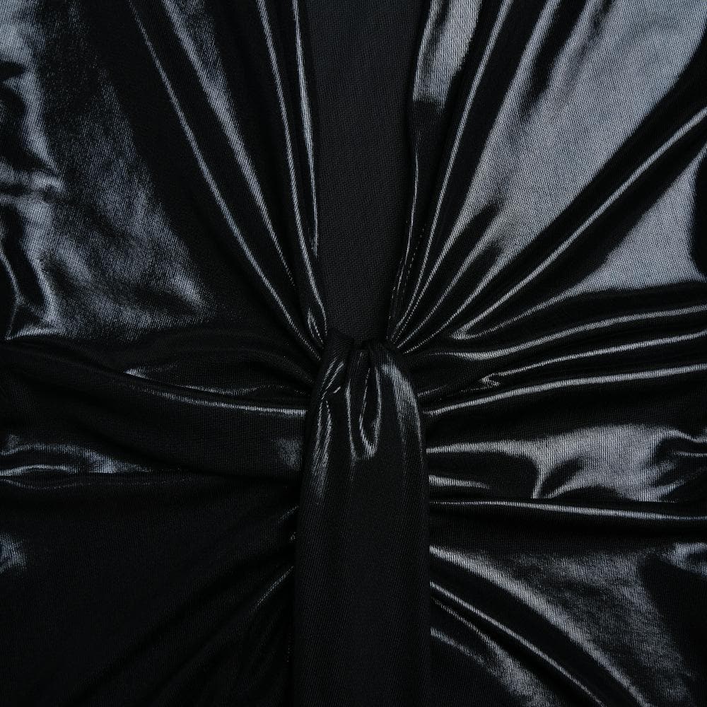Ruched Metallic Long Sleeve V Neck Knotted Front Maxi Dress