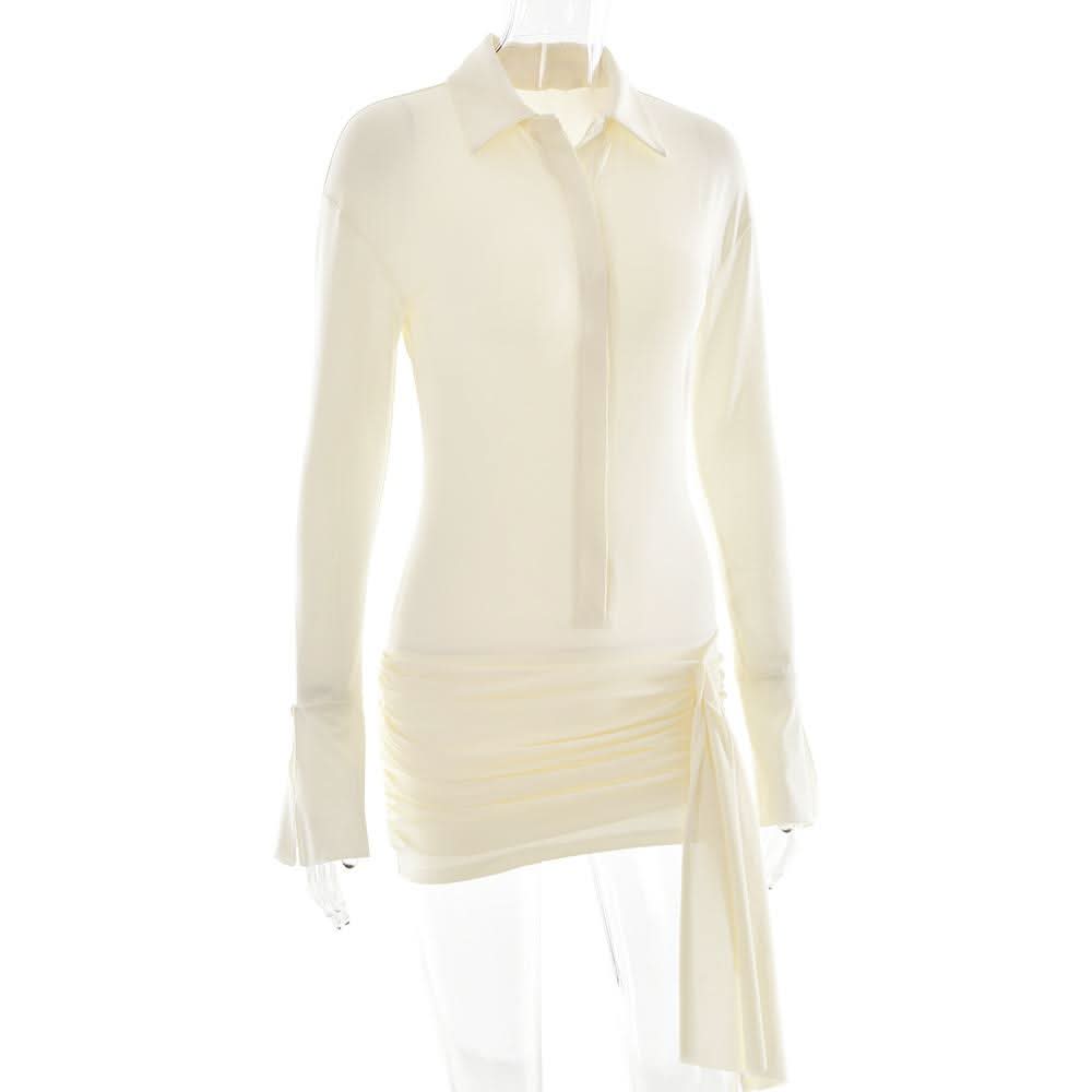 Turnover collar long sleeve button ruched mini dress