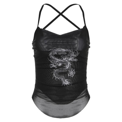 Cross back cowl neck print sheer mesh top