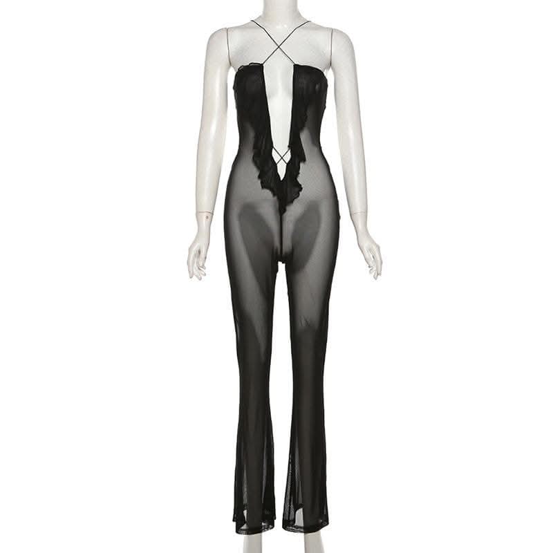 Sheer mesh solid ruffle see through cross front jumpsuit-final-sale
