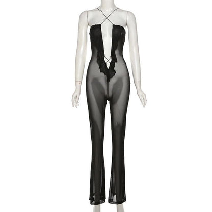 Sheer mesh solid ruffle see through cross front jumpsuit-final-sale