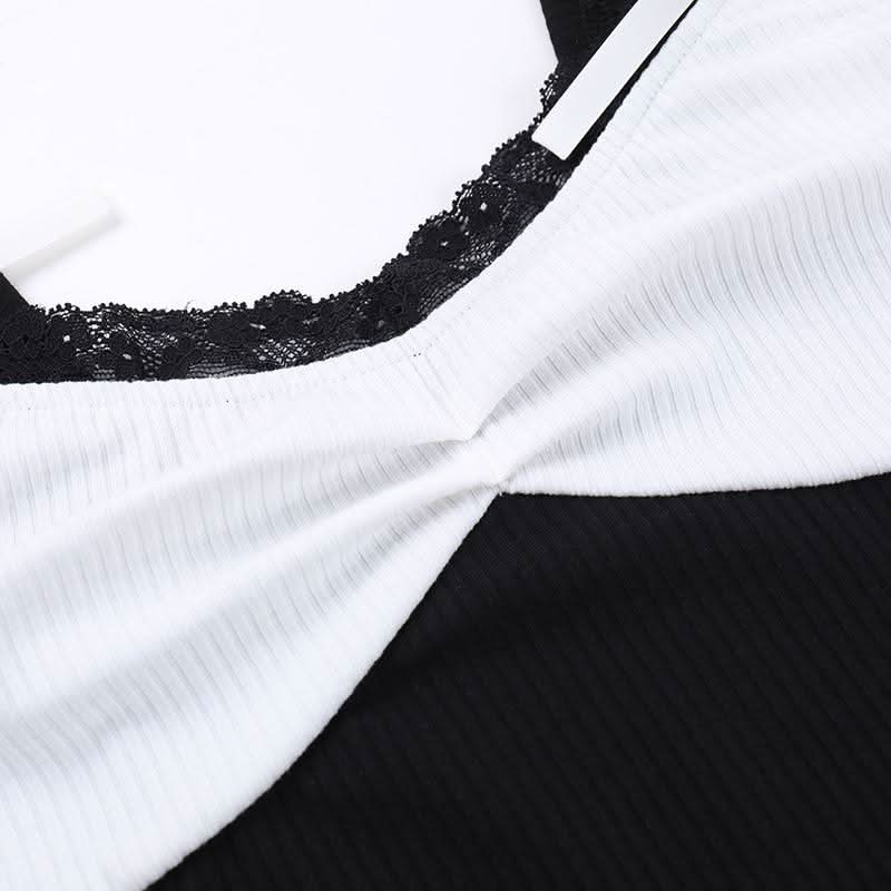 Bowknot v neck lace hem ribbed tank top