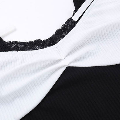 Bowknot v neck lace hem ribbed tank top