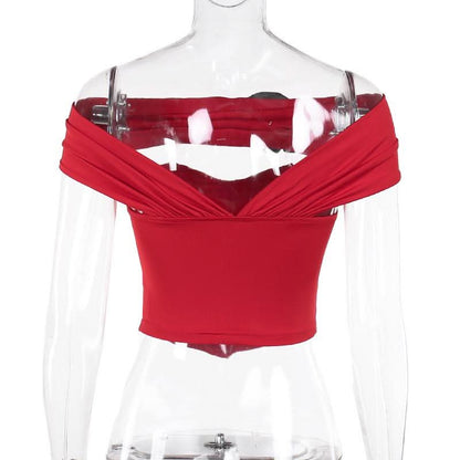Off shoulder flower applique bustier top