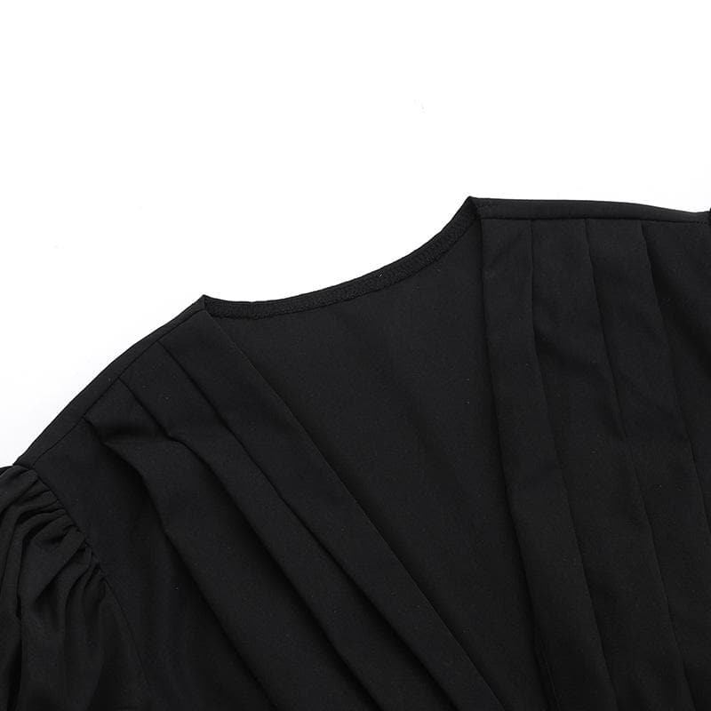 Short puff sleeve ruffle v neck self tie mini dress