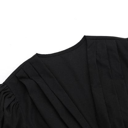 Short puff sleeve ruffle v neck self tie mini dress