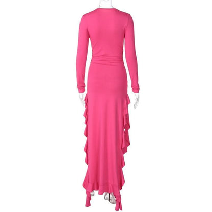 Long sleeve crewneck ruffle slit solid ruched maxi dress-final-sale