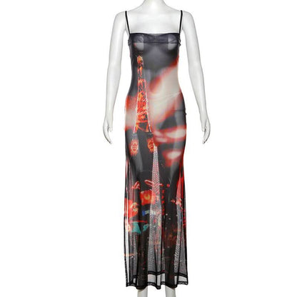 Abstract mesh high slit cami maxi dress