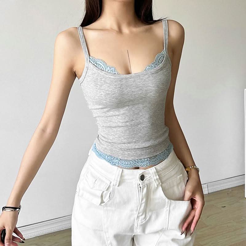 Lace hem u neck patchwork contrast cami top