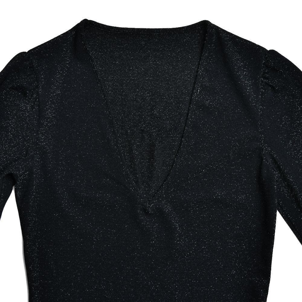 Glitter Deep V Bell Sleeve Tiered Ruffle Hem Mini Dress