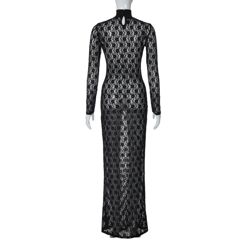 Long sleeve see through high neck lace maxi dress