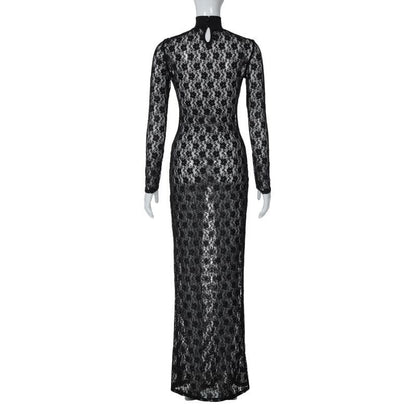 Long sleeve see through high neck lace maxi dress