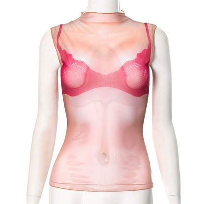 Crewneck sheer mesh print sleeveless contrast top