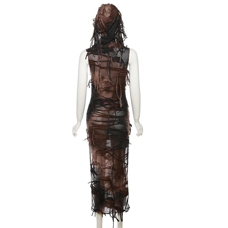 Distressed Layered Cowl Neck High Slit Sleeveless Maxi Dress